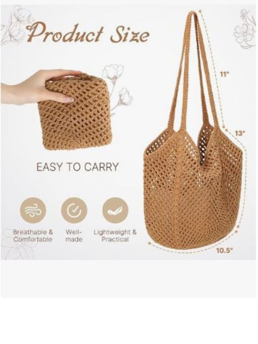 Crochet Tote Beach Bag Mesh Knit Bag Summer Vacation Aesthetic Boho Hobo - Picture 4 of 7